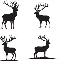 Graphic black silhouettes of wild deer male, female and  roe deer