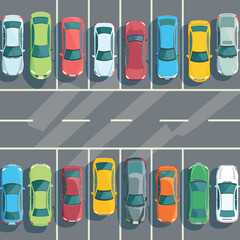 Top view parking lot cars neatly parked vehicles. Cartoon style car park different. Parking space area top view transport urban illustration