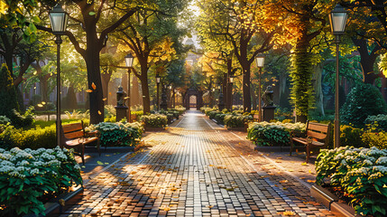 Peaceful autumn avenue lined with golden trees, a serene path leading through a vibrant forest