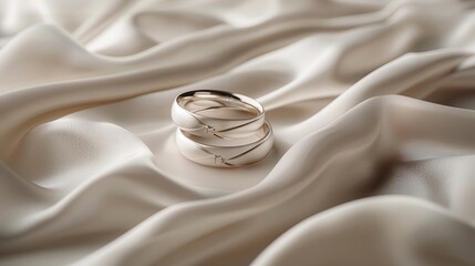 Two gold wedding rings on a bed of white silk. The rings are simple and elegant, with a single diamond each. The silk is soft and