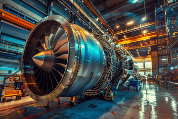 The complex interior of a jet engine during assembly, where precision engineering meets the demands of modern transportation 
