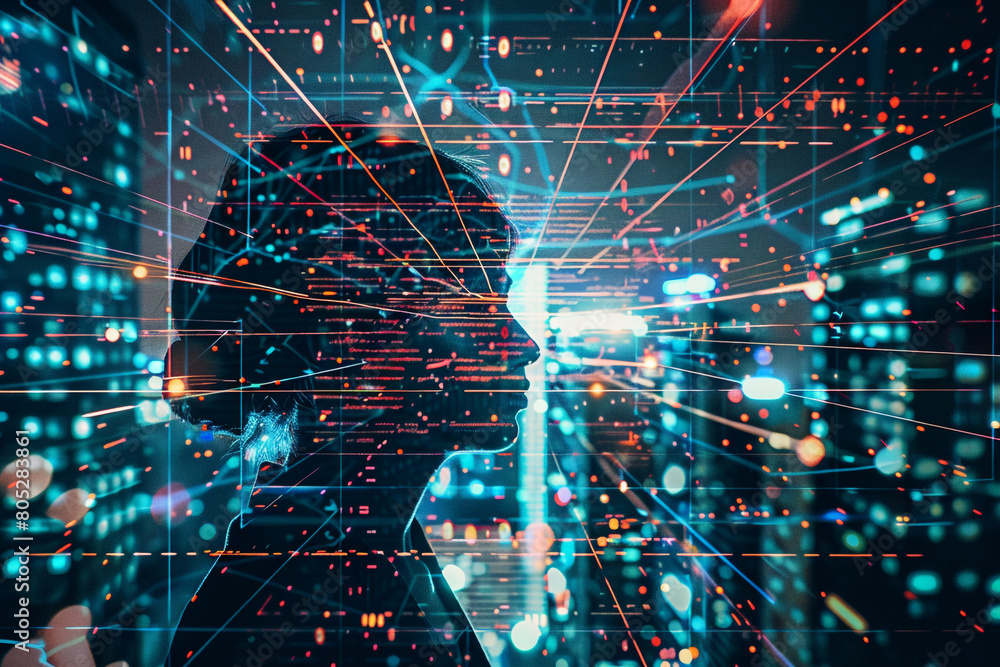 Poster the digital tapestry of ai technology weaving together the threads of innovation data and futuristic