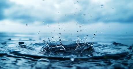 Dynamic raindrop splash on water surface. The moment raindrops hit a water surface, creating dramatic splashes and ripples.