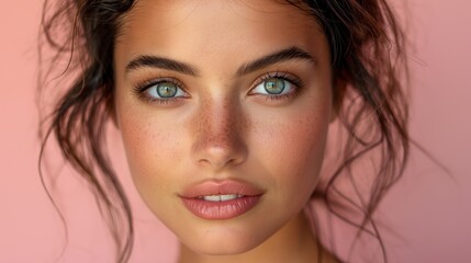 Portrait of beautiful woman. Woman with black hair takes care about skin. Beauty concept. Skin concept. Woman concept. Care concept.