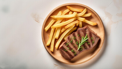 grilled beef steak served with french fries in a plate