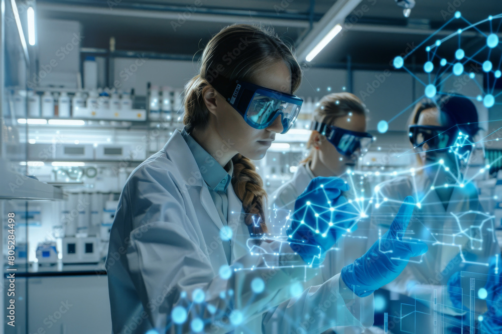Poster professional scientists in a modern laboratory setting examine virtual 3d structures using advanced 