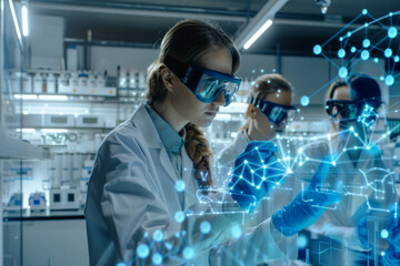 Professional scientists in a modern laboratory setting examine virtual 3d structures using advanced holographic technology, implying innovation and cutting-edge research in science and technology