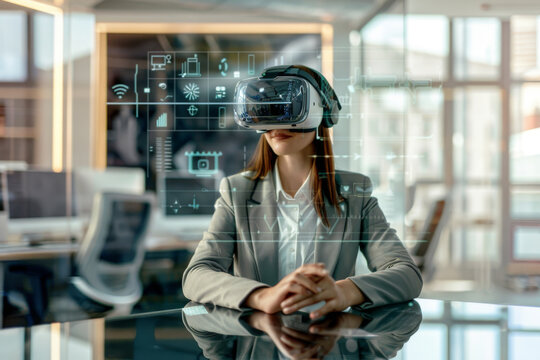 A professional businesswoman with vr headset experiences futuristic technology in a corporate setting. Symbolizing innovation. Digital transformation