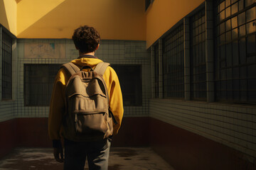 Fototapeta premium Boy with backpack at school. Generated with AI.