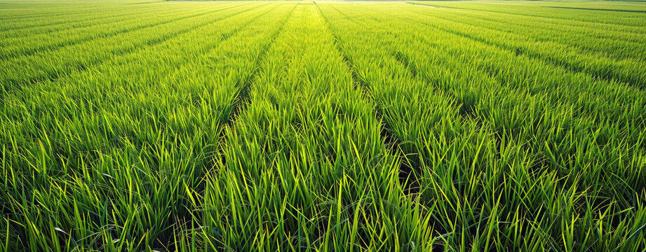 Lush green paddy rice field top view.