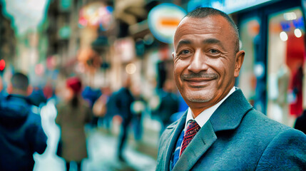 Mature smiling man, with little hair, posing on a blurred city street.
