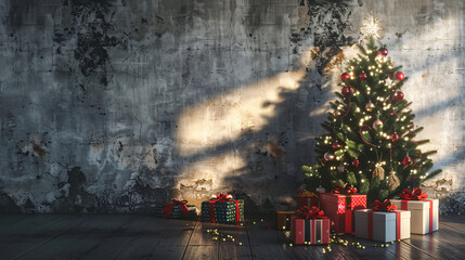 Gifts under glowing Christmas tree near grey wall