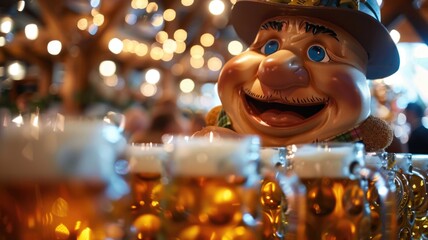 artistic representation of a jolly giant schnitzel in a Bavarian hat dancing among a crowd of laughing beer mugs, festive Oktoberfest scenery,