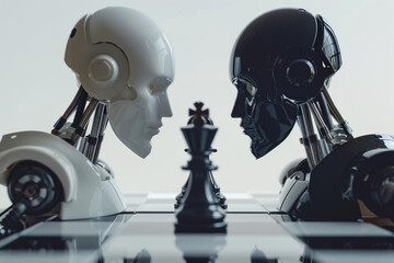 The intellectual battle Human versus robot in chess white and black kings face off narrative space for text  