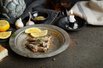High angle view of Sardines served on table