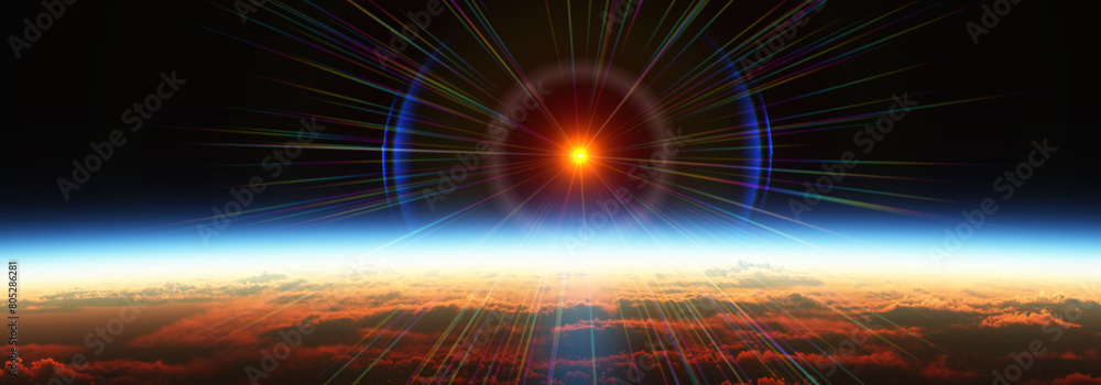 Canvas Prints earth sunrise from space over cloudy ocean. 3d rendering