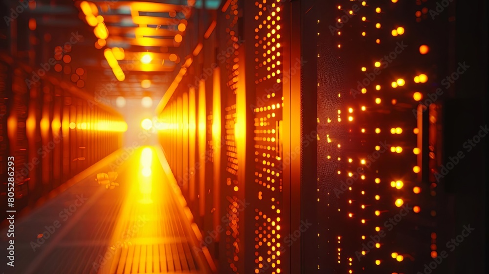 Aufkleber silhouette of data servers against a glowing backdrop of a building and ceiling