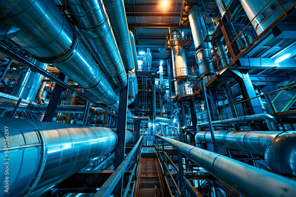 Poster the intense environment of a chemical processing unit, with reactors and piping system dominating th