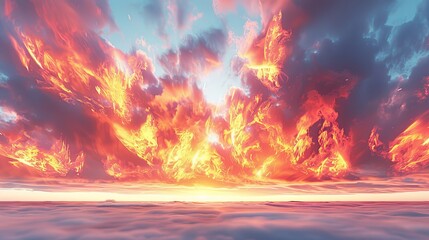 Fototapeta premium A fiery orange sky with clouds and a sun in the background