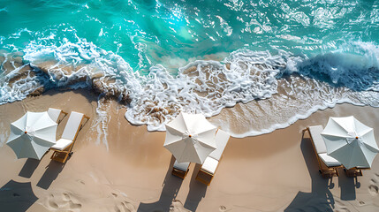beach with umbrella, sun bed and long chairs