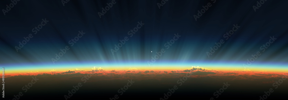 Sticker sunrise from space aurora, 3d rendering