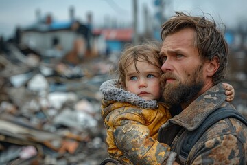 Obraz premium Heart-wrenching image of a father embracing his son, surrounded by the chaos of destruction