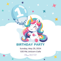 Birthday party invitation template with cute unicorn. Vector illustration.