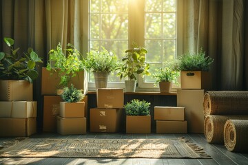 Sunlit cozy room with cardboard boxes and potted plants, depicting relocation or moving day