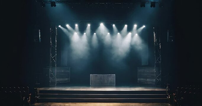 Dark modern concert music venue with an industrial atmosphere, ceiling lights shining onto the stage