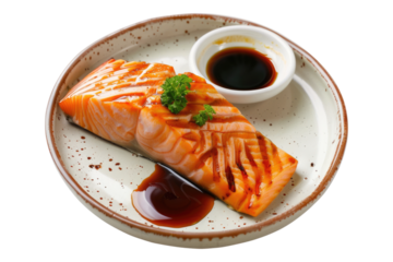 Sake Kama grilled salmon collar with sauce isolated on transparent background