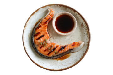 Sake Kama grilled salmon collar with sauce isolated on transparent background