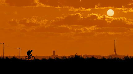 A man is riding a bicycle in front of a large tower