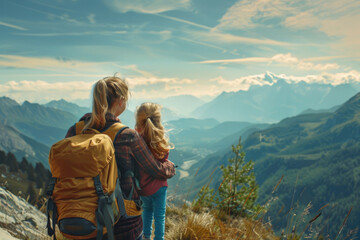 Obraz premium Heartwarming scene of a mother and daughter bonding as they gaze out over a stunning mountain range, encapsulating the essence of adventure and familial love