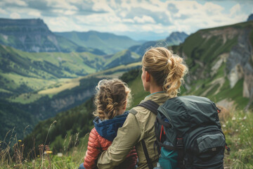 Obraz premium Mother and daughter with backpacks sit overlooking a lush valley in the mountains, sharing a quiet moment of bonding in the beauty of nature