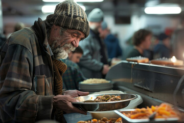 Elderly homeless man receives a warm meal at a community soup kitchen, capturing the essence of compassion and support within the local charity service for the underprivileged