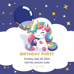 Birthday party invitation template with cute unicorn. Vector illustration.