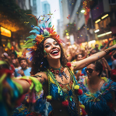 Obraz premium Portrait of happy white woman in the middle of a parade at carnival. Generated with AI.