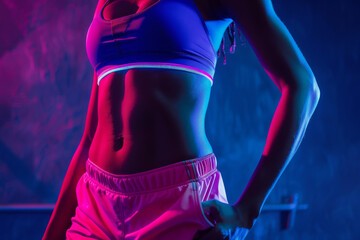 Close-up of an athletic female in sportswear, highlighting her toned midsection and dedication to...