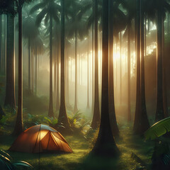 a tent in the woods with sunlight shining through the trees