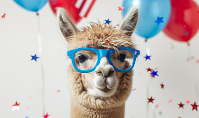 Fototapeta premium Funny llama alpaca with blue glasses and US flag red and blue colors balloons and confetti flying in the background, 4th of July celebration card.