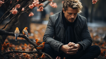 blonde man with birds in park