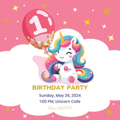 Birthday party invitation template with cute unicorn. Vector illustration.