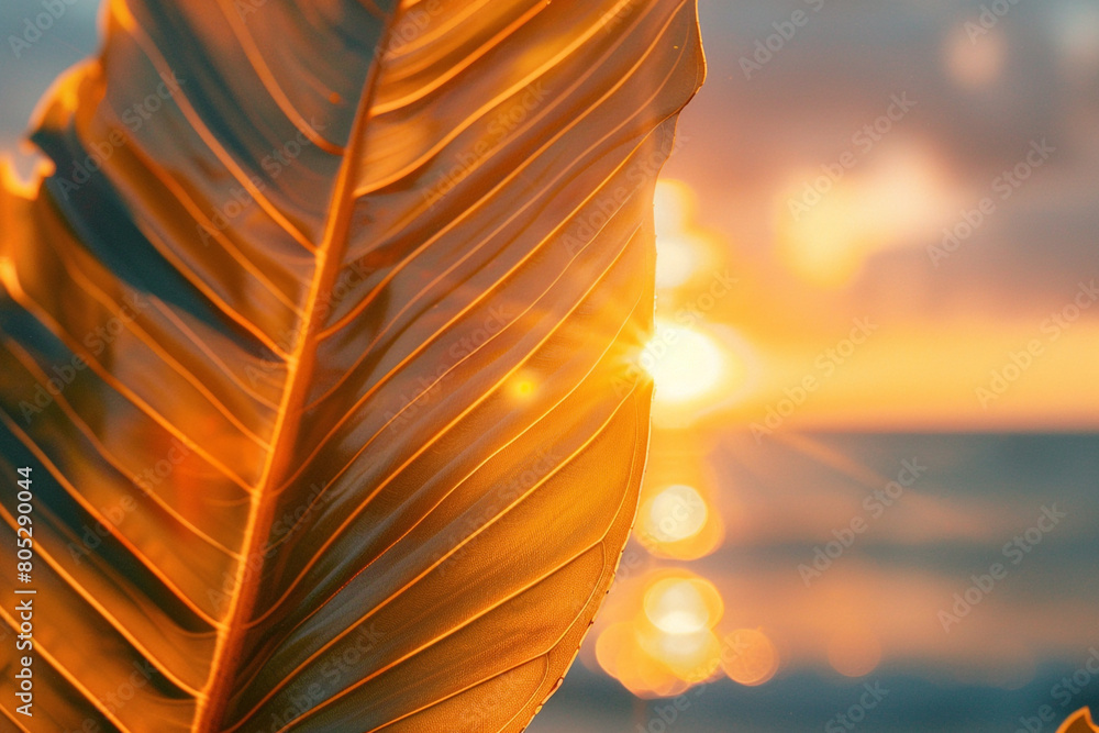 Poster the soft golden light of sunset filtering through a leaf with the sea and sky merging in the backgro
