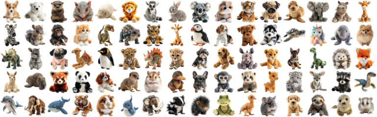 Big set of cute fluffy animal dolls for nursery and children toys, many animal plush dolls photo collection set, isolated background AIG44