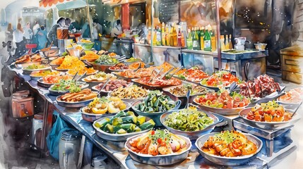 A variety of delicious and fresh food is on display at a street food market.