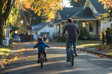 Heartwarming scene captures a father and son bonding over a leisurely bike ride through a picturesque suburban neighborhood, bathed in the warm glow of a setting sun