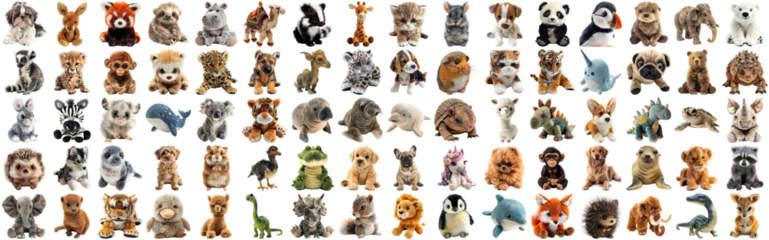 Big set of cute fluffy animal dolls for nursery and children toys, many animal plush dolls photo collection set, isolated background AIG44