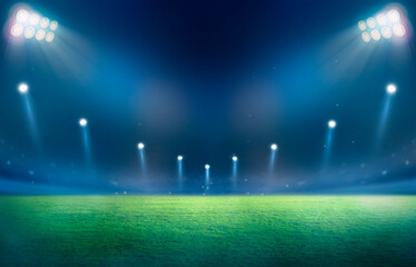 Green soccer field, bright spotlights,	