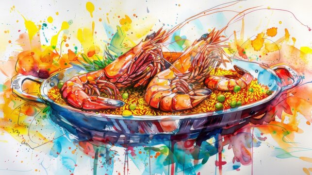 lukisan cat air makanan laut yang lezat dengan udang, kerang, dan ikan. Makanan lautnya segar dan lezat, dan lukisannya sangat detail.