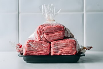 Fresh, simple, raw minced meat tightly packed in plastic wrap in a black tray
